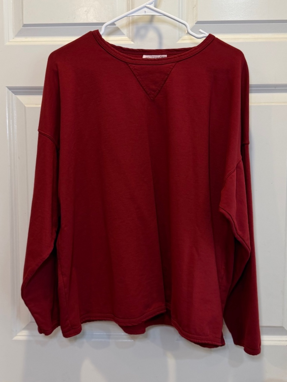 Women's Deep Red Prairie Cotton Long Sleeve Shirt with Slight Boat Neck - OS